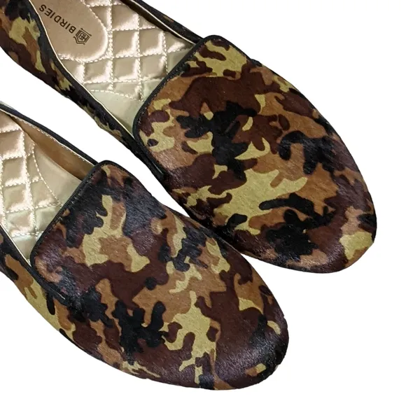 Birdies The Starling Flat in Hair calf upper camo print loafer, slip on …