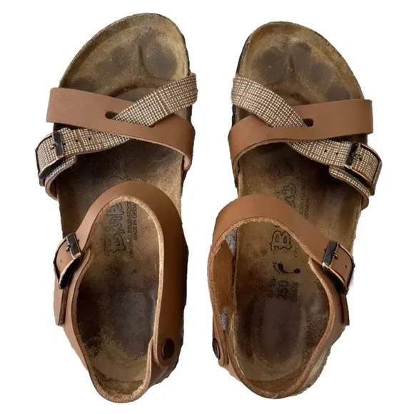 Birkenstock Birkis Lillie Brown Plaid Leather Flat Sandals Women’s Size …