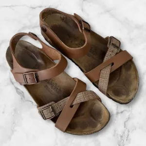 Birkenstock Birkis Lillie Brown Plaid Leather Flat Sandals Women’s Size …