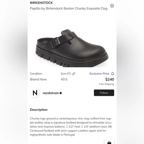 Birkenstock Boston Chunky Clog Black Leather M9 W11 Slip-On Shoes Serrated Sole