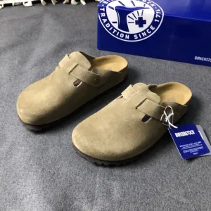 Birkenstock Boston Taupe Suede Clogs with Adjustable Strap - Narrow