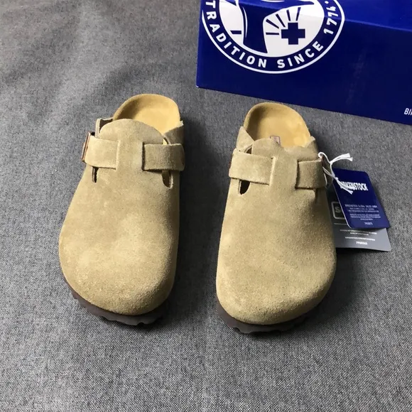 Birkenstock Boston Taupe Suede Clogs with Adjustable Strap - Narrow