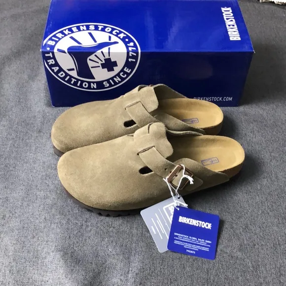 Birkenstock Boston Taupe Suede Clogs with Adjustable Strap - Narrow