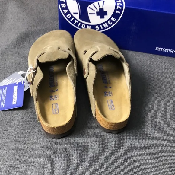 Birkenstock Boston Taupe Suede Clogs with Adjustable Strap - Narrow