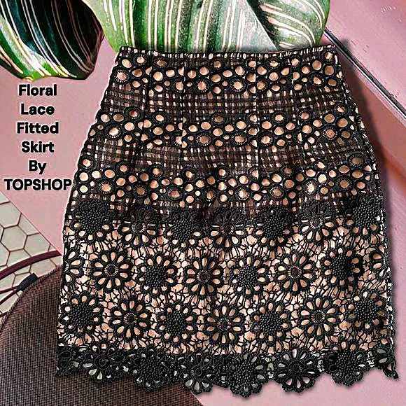 Black‎ Floral Lace Fitted Skirt By TOPSHOP With Nude Lining