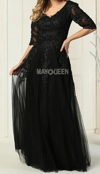 Black formal dress, v neckline plus size with sleeves