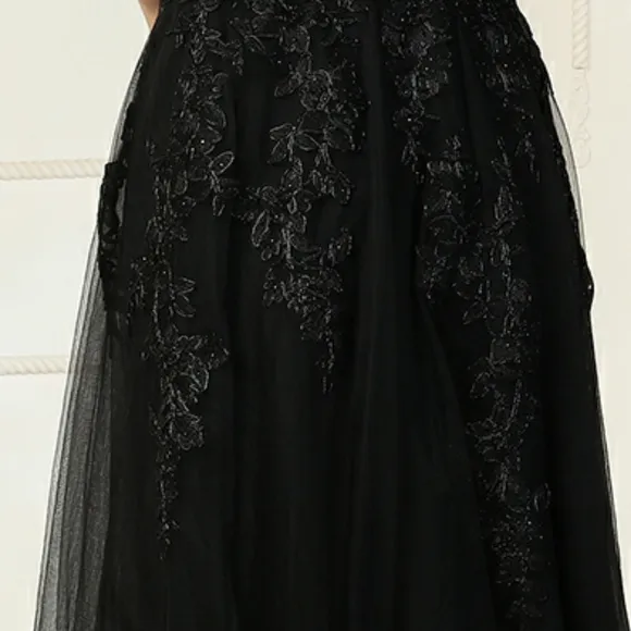 Black formal dress, v neckline plus size with sleeves