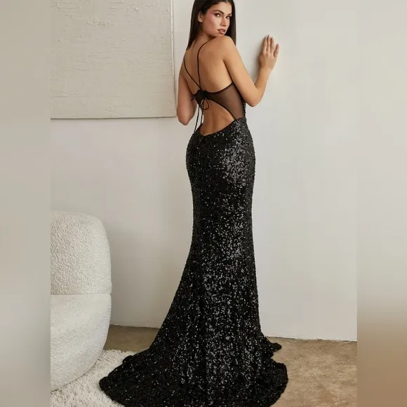 Black formal dress,gold sequins fitted semi open back lace up dress