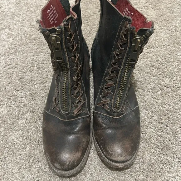 Black Leather Lace-Up Boots with Zipper