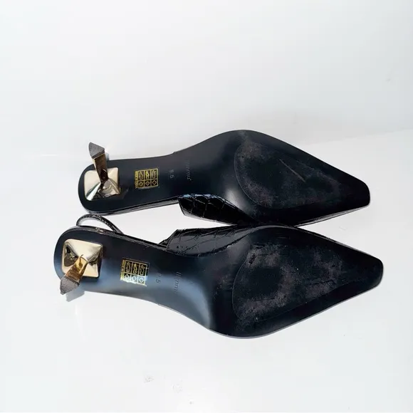 Black Patent Slingback Heels Faux Croc Closed Toe Kitten Heels Pumps Dress Shoes
