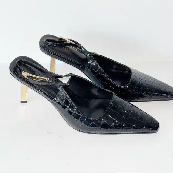 Black Patent Slingback Heels Faux Croc Closed Toe Kitten Heels Pumps Dress Shoes