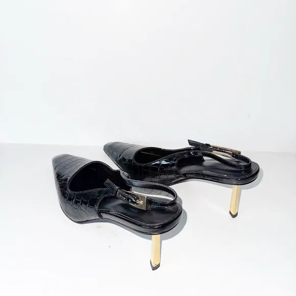Black Patent Slingback Heels Faux Croc Closed Toe Kitten Heels Pumps Dress Shoes