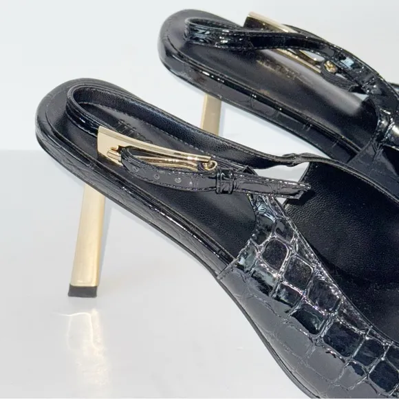Black Patent Slingback Heels Faux Croc Closed Toe Kitten Heels Pumps Dress Shoes