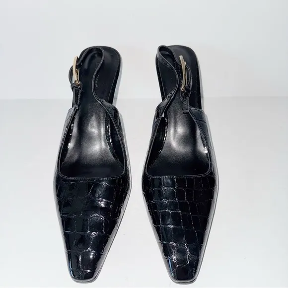 Black Patent Slingback Heels Faux Croc Closed Toe Kitten Heels Pumps Dress Shoes