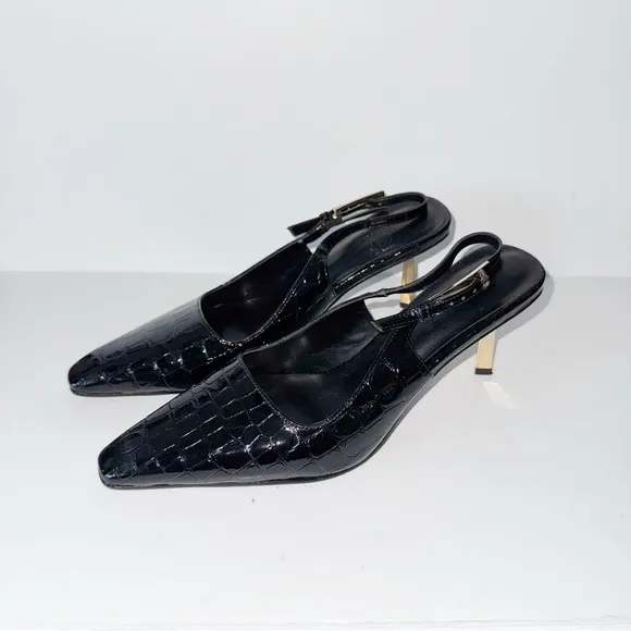 Black Patent Slingback Heels Faux Croc Closed Toe Kitten Heels Pumps Dress Shoes