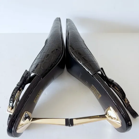 Black Patent Slingback Heels Faux Croc Closed Toe Kitten Heels Pumps Dress Shoes