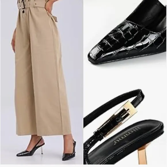 Black Patent Slingback Heels Faux Croc Closed Toe Kitten Heels Pumps Dress Shoes