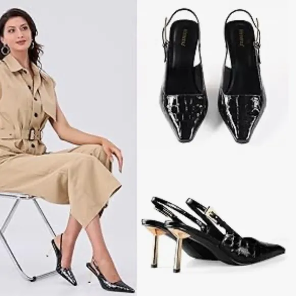 Black Patent Slingback Heels Faux Croc Closed Toe Kitten Heels Pumps Dress Shoes