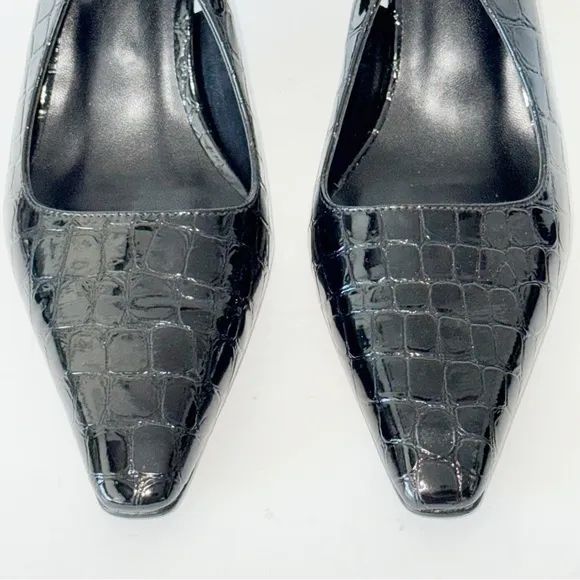 Black Patent Slingback Heels Faux Croc Closed Toe Kitten Heels Pumps Dress Shoes