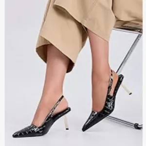 Black Patent Slingback Heels Faux Croc Closed Toe Kitten Heels Pumps Dress Shoes