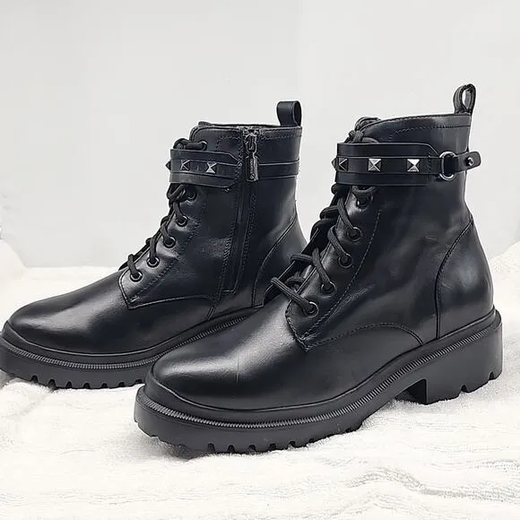 BLONDO CECILIA BLACK LEATHER WATERPROOF MOTO COMBAT CHUNKY SOLE LADIES 9.5 NWOB