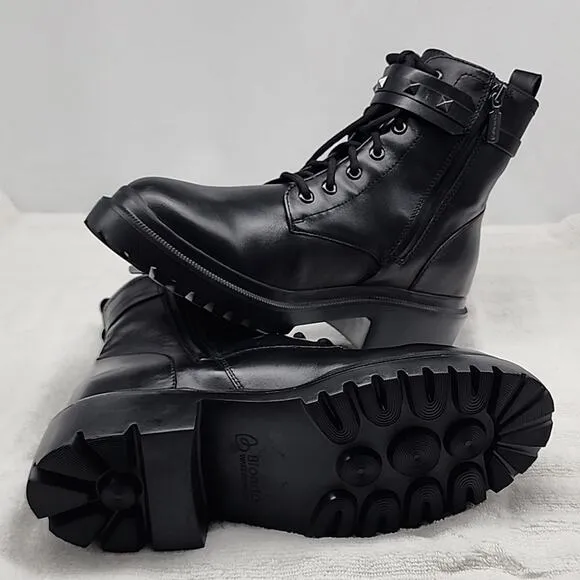 BLONDO CECILIA BLACK LEATHER WATERPROOF MOTO COMBAT CHUNKY SOLE LADIES 9.5 NWOB