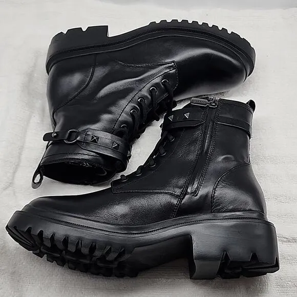 BLONDO CECILIA BLACK LEATHER WATERPROOF MOTO COMBAT CHUNKY SOLE LADIES 9.5 NWOB