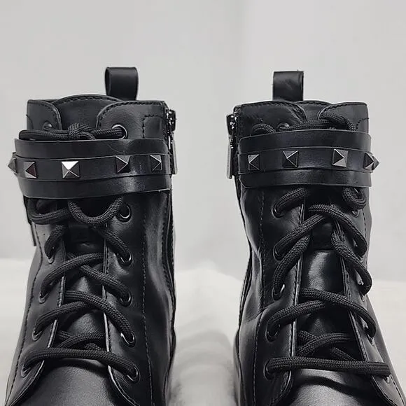 BLONDO CECILIA BLACK LEATHER WATERPROOF MOTO COMBAT CHUNKY SOLE LADIES 9.5 NWOB