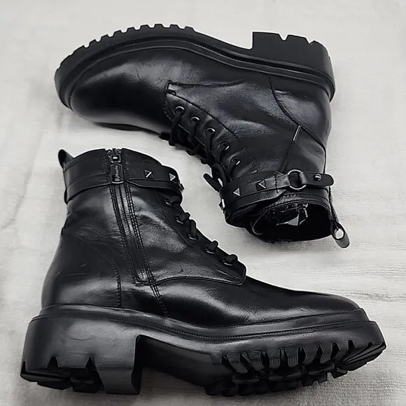 BLONDO CECILIA BLACK LEATHER WATERPROOF MOTO COMBAT CHUNKY SOLE LADIES 9.5 NWOB