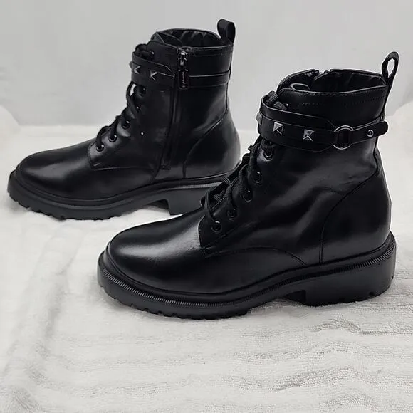 BLONDO CECILIA BLACK LEATHER WATERPROOF MOTO COMBAT CHUNKY SOLE LADIES 9.5 NWOB