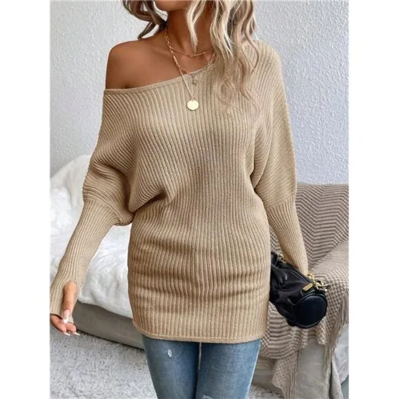 Boat Neck Batwing Sleeve Ribbed Knit Sweater