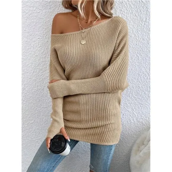 Boat Neck Batwing Sleeve Ribbed Knit Sweater