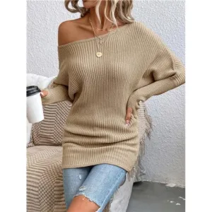 Boat Neck Batwing Sleeve Ribbed Knit Sweater