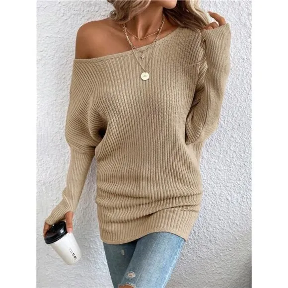 Boat Neck Batwing Sleeve Ribbed Knit Sweater