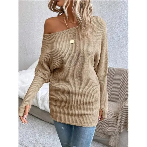Boat Neck Batwing Sleeve Ribbed Knit Sweater