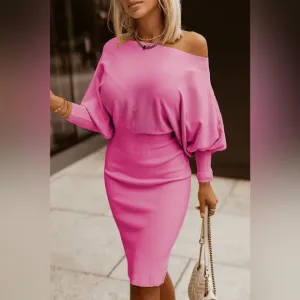 Boat Neck Lantern Sleeve Sweater Dress Rose Pink