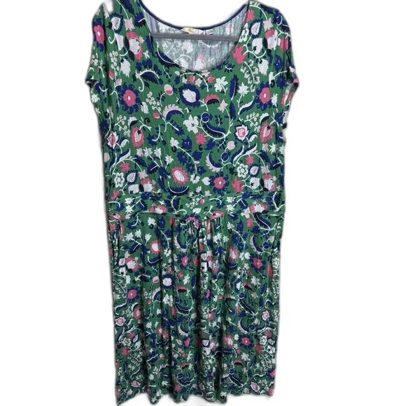 Boden  Amelie Dress A-Line Cap Sleeve Ruched Waist Pockets Green Floral 20/22R