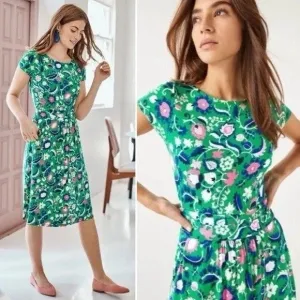 Boden  Amelie Dress A-Line Cap Sleeve Ruched Waist Pockets Green Floral 20/22R
