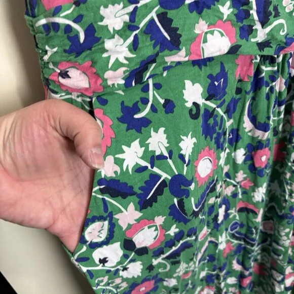 Boden  Amelie Dress A-Line Cap Sleeve Ruched Waist Pockets Green Floral 20/22R