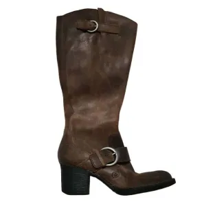 Born Ladies Size 6 Brown Leather Zip Up Knee High Silver Buckle Boots