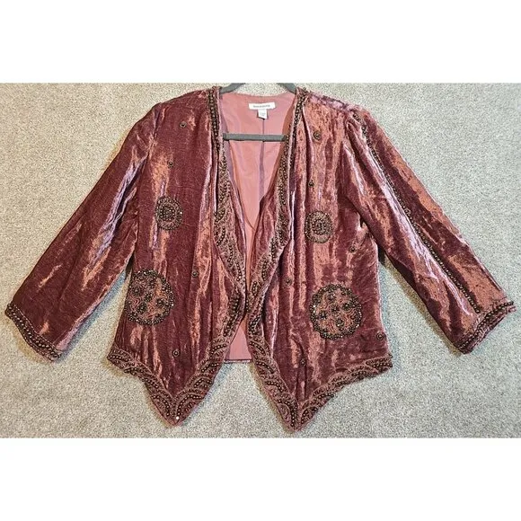 Boston Proper Gypsy Boho Beaded Mauve Velour Jacket Short 3/4 Sleeve Women's XS