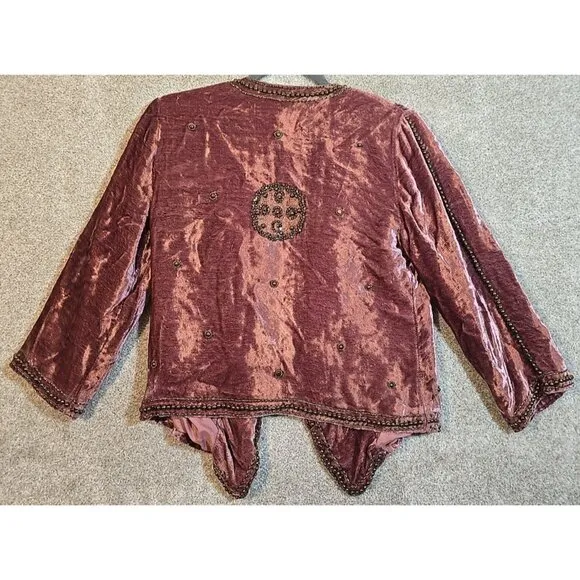Boston Proper Gypsy Boho Beaded Mauve Velour Jacket Short 3/4 Sleeve Women's XS