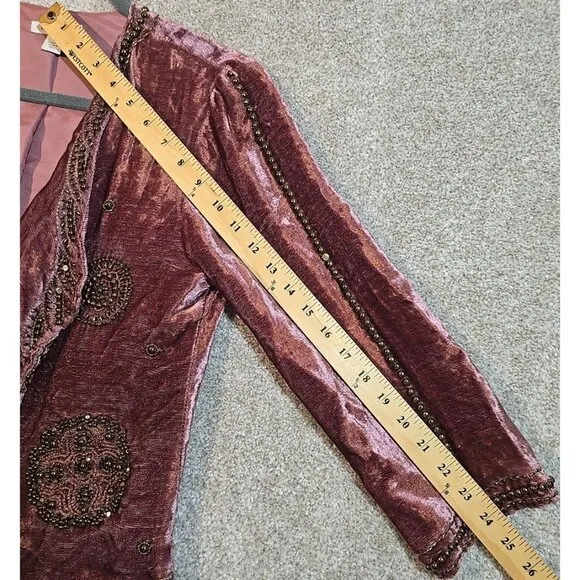 Boston Proper Gypsy Boho Beaded Mauve Velour Jacket Short 3/4 Sleeve Women's XS