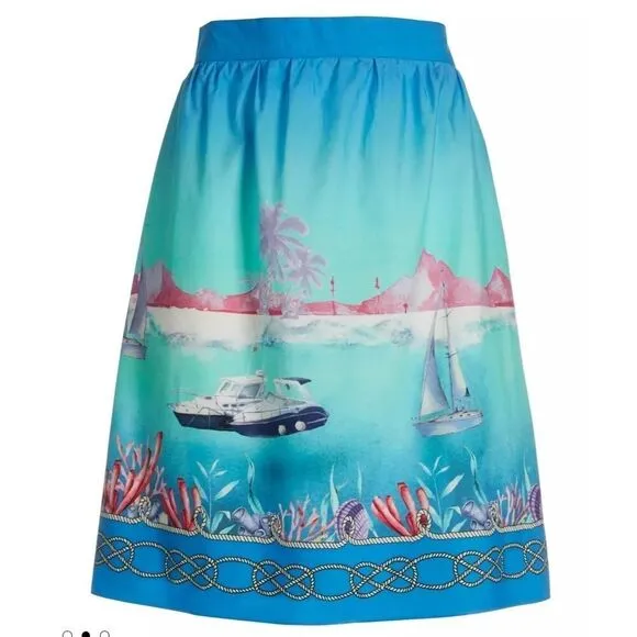 Boston Proper Lightweight Cotton Skirt, Seascape Yacht Sailboat Print | 14 NWT