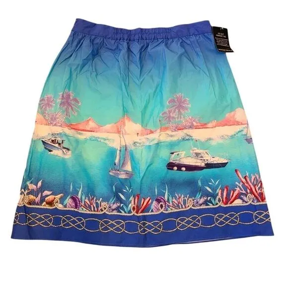 Boston Proper Lightweight Cotton Skirt, Seascape Yacht Sailboat Print | 14 NWT
