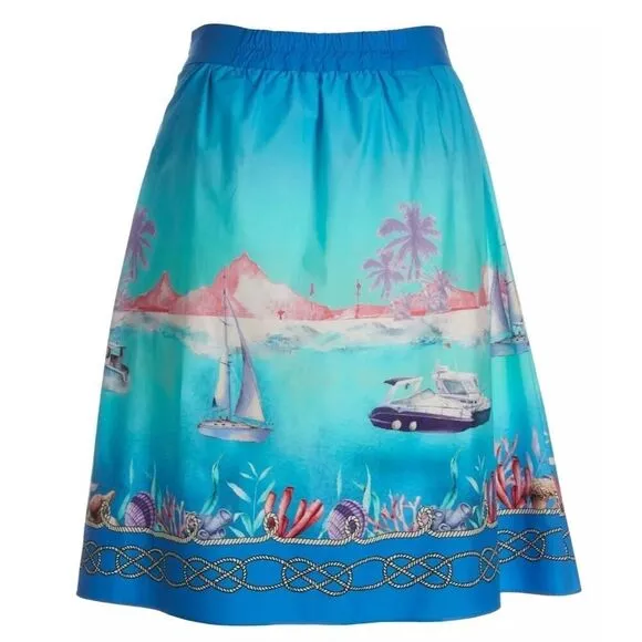 Boston Proper Lightweight Cotton Skirt, Seascape Yacht Sailboat Print | 14 NWT