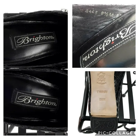Brighton Twain Black Woven Leather Croc Embossed Heeled Mule Shoes Womens 8.5M