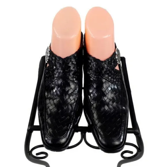 Brighton Twain Black Woven Leather Croc Embossed Heeled Mule Shoes Womens 8.5M