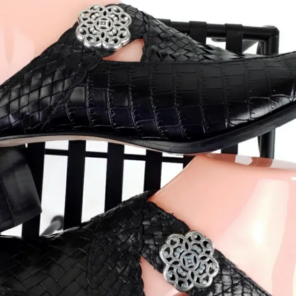 Brighton Twain Black Woven Leather Croc Embossed Heeled Mule Shoes Womens 8.5M