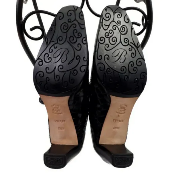 Brighton Twain Black Woven Leather Croc Embossed Heeled Mule Shoes Womens 8.5M